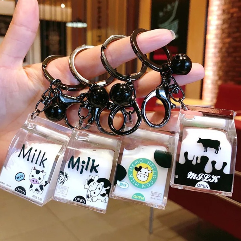 Keychain cow milk cute small moving liquid white